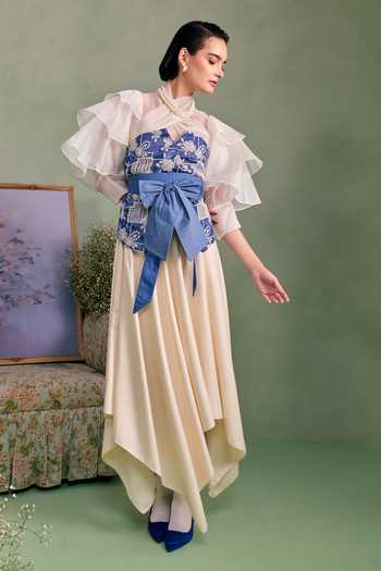 Shop_Surabhi Arya_Blue Cotton, Twill High Neck Applique Embroidered Blouse And Skirt Set _Online_at_Aza_Fashions