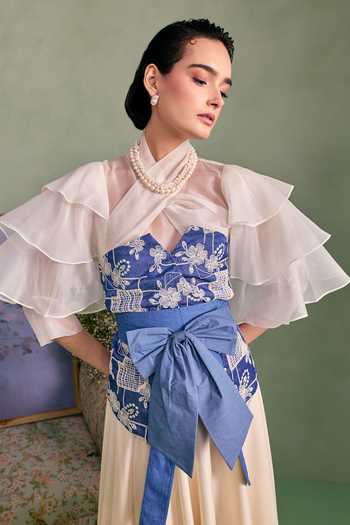 Surabhi Arya_Blue Cotton, Twill High Neck Applique Embroidered Blouse And Skirt Set _at_Aza_Fashions