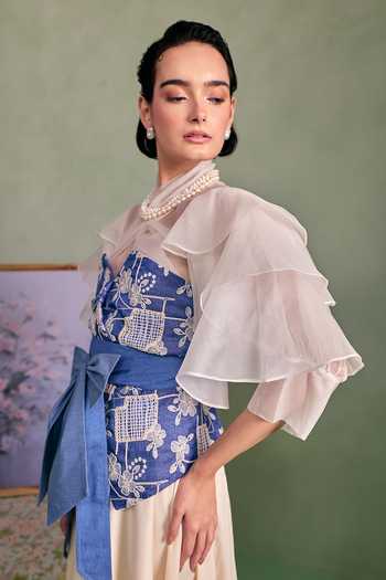 Buy_Surabhi Arya_Blue Cotton, Twill High Neck Applique Embroidered Blouse And Skirt Set 
