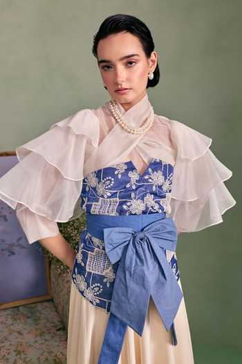 Shop_Surabhi Arya_Blue Cotton, Twill High Neck Applique Embroidered Blouse And Skirt Set 