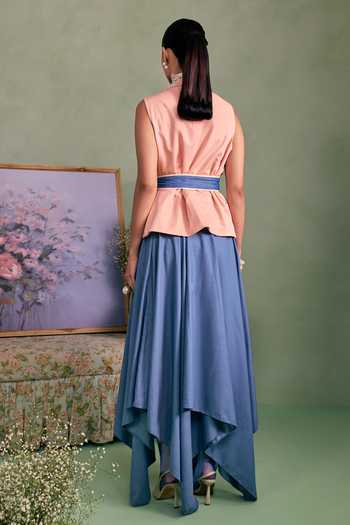 Shop_Surabhi Arya_Peach Cotton, Twill Plunge Neck Applique Embroidered Blouse Skirt Set _at_Aza_Fashions