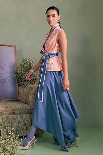 Shop_Surabhi Arya_Peach Cotton, Twill Plunge Neck Applique Embroidered Blouse Skirt Set _Online_at_Aza_Fashions