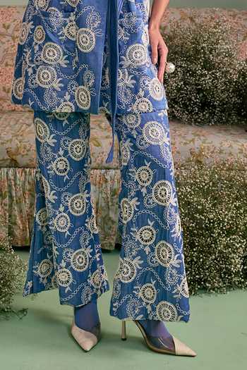 Buy_Surabhi Arya_Blue Cotton, Twill V-neck Floral Pattern Top And Pant Set _Online_at_Aza_Fashions