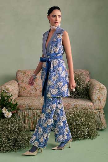 Shop_Surabhi Arya_Blue Cotton, Twill V-neck Floral Pattern Top And Pant Set _Online_at_Aza_Fashions