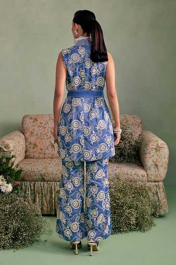 Shop_Surabhi Arya_Blue Cotton, Twill V-neck Floral Pattern Top And Pant Set _at_Aza_Fashions