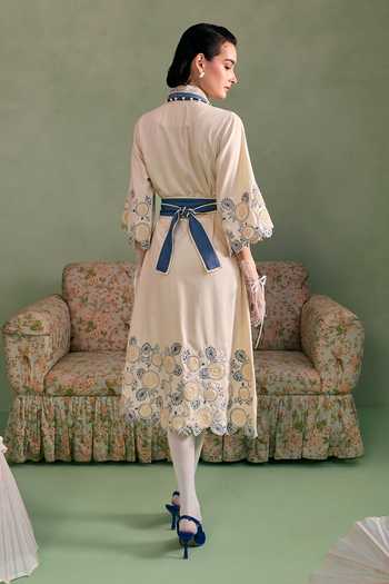 Shop_Surabhi Arya_Ivory Cotton, Twill Collared Neck Thread Work Dress _at_Aza_Fashions