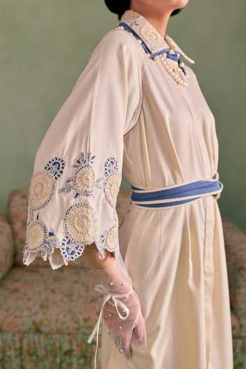 Surabhi Arya_Ivory Cotton, Twill Collared Neck Thread Work Dress _Online_at_Aza_Fashions