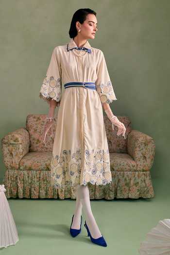 Buy_Surabhi Arya_Ivory Cotton, Twill Collared Neck Thread Work Dress _at_Aza_Fashions