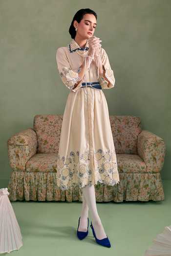 Buy_Surabhi Arya_Ivory Cotton, Twill Collared Neck Thread Work Dress _Online_at_Aza_Fashions