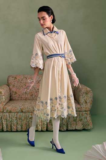 Shop_Surabhi Arya_Ivory Cotton, Twill Collared Neck Thread Work Dress _Online_at_Aza_Fashions