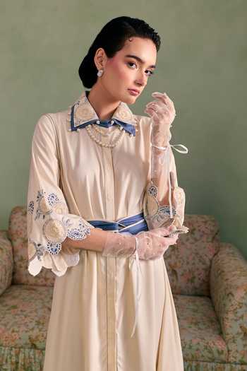 Surabhi Arya_Ivory Cotton, Twill Collared Neck Thread Work Dress _at_Aza_Fashions