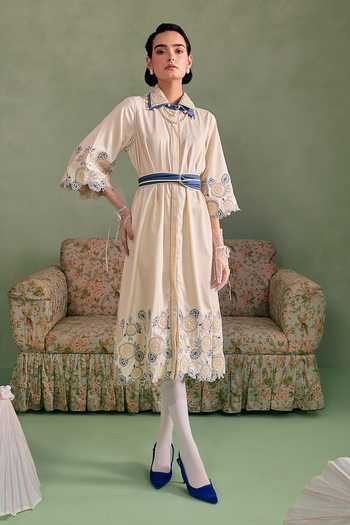 Buy_Surabhi Arya_Ivory Cotton, Twill Collared Neck Thread Work Dress 