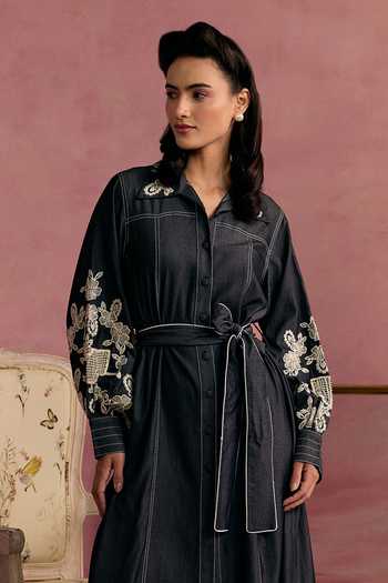 Surabhi Arya_Black Cotton, Twill Collared Neck Embroidered Sleeve Dress _Online_at_Aza_Fashions