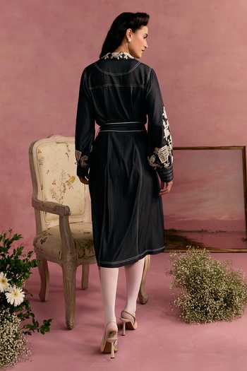 Shop_Surabhi Arya_Black Cotton, Twill Collared Neck Embroidered Sleeve Dress _at_Aza_Fashions