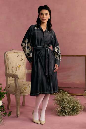 Buy_Surabhi Arya_Black Cotton, Twill Collared Neck Embroidered Sleeve Dress _Online_at_Aza_Fashions