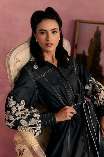 Shop_Surabhi Arya_Black Cotton, Twill Collared Neck Embroidered Sleeve Dress _Online_at_Aza_Fashions