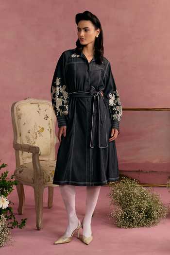Surabhi Arya_Black Cotton, Twill Collared Neck Embroidered Sleeve Dress _at_Aza_Fashions