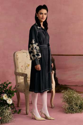 Buy_Surabhi Arya_Black Cotton, Twill Collared Neck Embroidered Sleeve Dress 