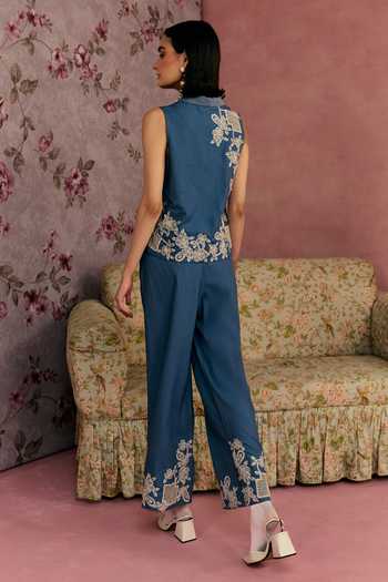 Shop_Surabhi Arya_Blue Cotton, Twill V-neck Floral Applique Waistcoat And Pant Set _at_Aza_Fashions