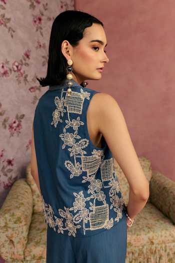 Surabhi Arya_Blue Cotton, Twill V-neck Floral Applique Waistcoat And Pant Set _Online_at_Aza_Fashions