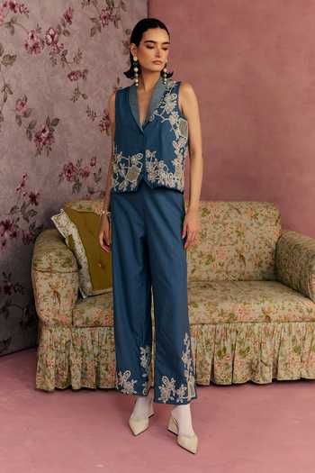 Buy_Surabhi Arya_Blue Cotton, Twill V-neck Floral Applique Waistcoat And Pant Set _Online_at_Aza_Fashions