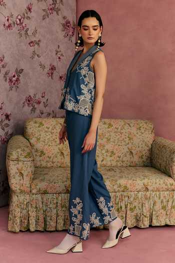 Surabhi Arya_Blue Cotton, Twill V-neck Floral Applique Waistcoat And Pant Set _at_Aza_Fashions