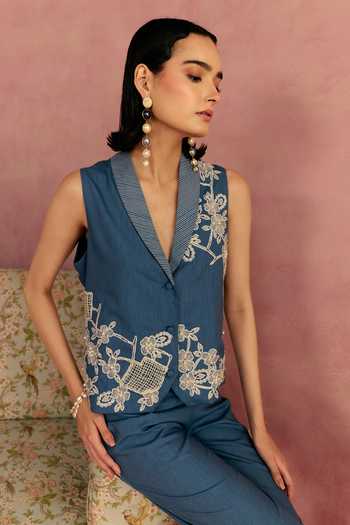 Buy_Surabhi Arya_Blue Cotton, Twill V-neck Floral Applique Waistcoat And Pant Set 