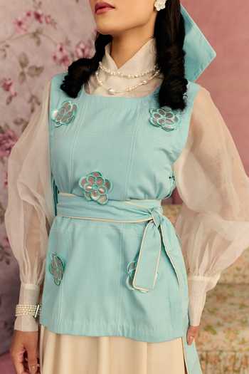 Surabhi Arya_Blue Cotton, Organza Square , High Leather Patchwork Jacket Skirt Set _Online_at_Aza_Fashions