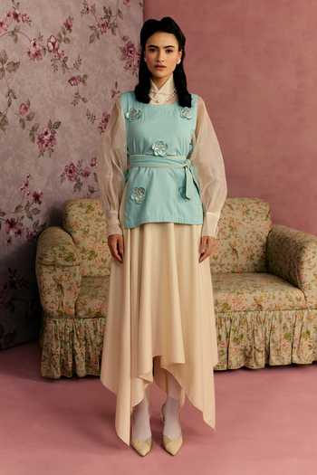 Buy_Surabhi Arya_Blue Cotton, Organza Square , High Leather Patchwork Jacket Skirt Set _Online_at_Aza_Fashions