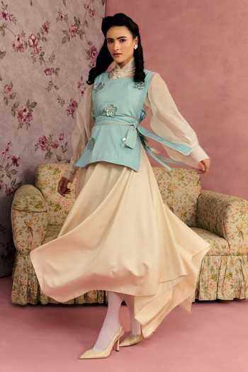 Shop_Surabhi Arya_Blue Cotton, Organza Square , High Leather Patchwork Jacket Skirt Set _Online_at_Aza_Fashions
