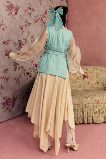 Shop_Surabhi Arya_Blue Cotton, Organza Square , High Leather Patchwork Jacket Skirt Set _at_Aza_Fashions