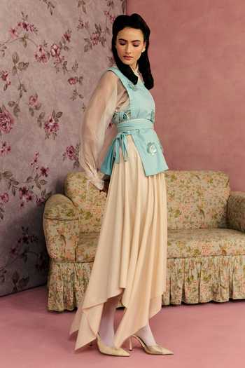 Surabhi Arya_Blue Cotton, Organza Square , High Leather Patchwork Jacket Skirt Set _at_Aza_Fashions