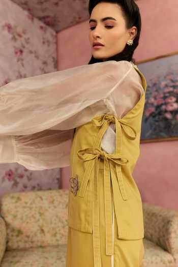 Surabhi Arya_Yellow Cotton, Organza, Twill Leather Patchwork Top Pant Set _Online_at_Aza_Fashions