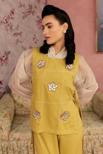 Buy_Surabhi Arya_Yellow Cotton, Organza, Twill Leather Patchwork Top Pant Set _Online_at_Aza_Fashions