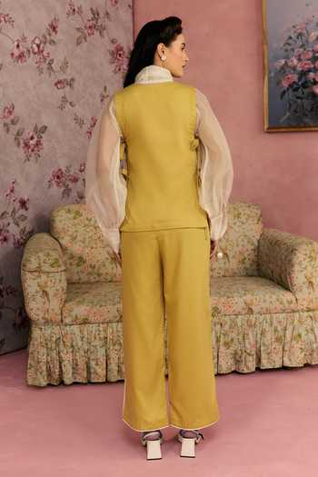 Shop_Surabhi Arya_Yellow Cotton, Organza, Twill Leather Patchwork Top Pant Set _at_Aza_Fashions