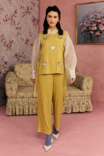 Shop_Surabhi Arya_Yellow Cotton, Organza, Twill Leather Patchwork Top Pant Set _Online_at_Aza_Fashions