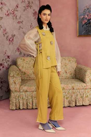 Surabhi Arya_Yellow Cotton, Organza, Twill Leather Patchwork Top Pant Set _at_Aza_Fashions