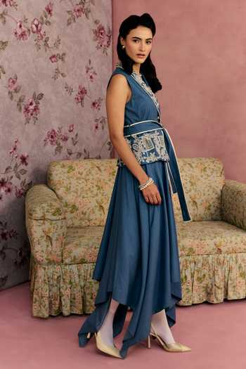Surabhi Arya_Blue Cotton, Twill V-neck Floral Embroidered Waistcoat And Skirt Set _Online_at_Aza_Fashions