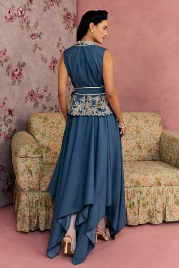 Shop_Surabhi Arya_Blue Cotton, Twill V-neck Floral Embroidered Waistcoat And Skirt Set _at_Aza_Fashions