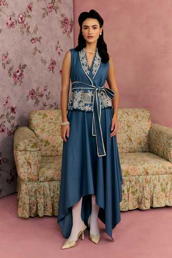 Shop_Surabhi Arya_Blue Cotton, Twill V-neck Floral Embroidered Waistcoat And Skirt Set _Online_at_Aza_Fashions