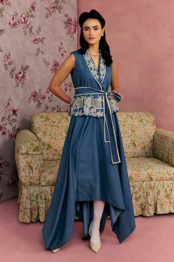 Surabhi Arya_Blue Cotton, Twill V-neck Floral Embroidered Waistcoat And Skirt Set _at_Aza_Fashions