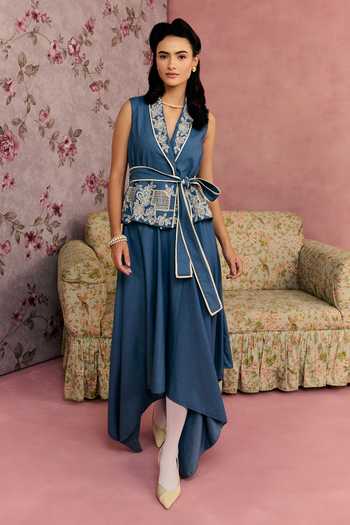 Buy_Surabhi Arya_Blue Cotton, Twill V-neck Floral Embroidered Waistcoat And Skirt Set 