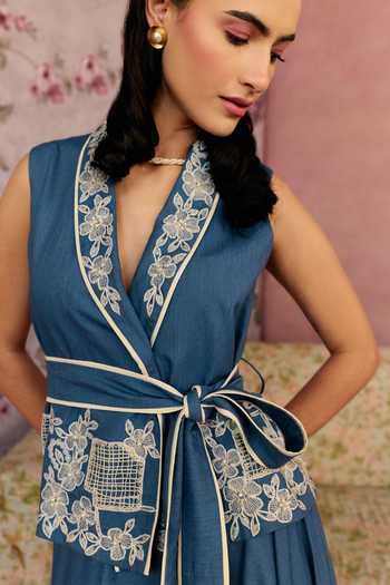 Shop_Surabhi Arya_Blue Cotton, Twill V-neck Floral Embroidered Waistcoat And Skirt Set 