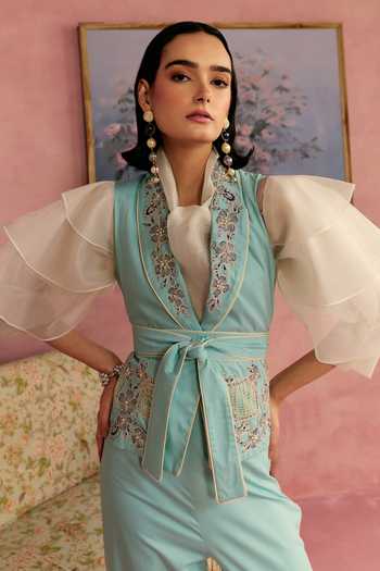 Surabhi Arya_Blue Cotton, Twill Collared Neck Floral Work Waistcoat And Pant Set _Online_at_Aza_Fashions