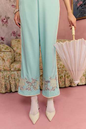 Buy_Surabhi Arya_Blue Cotton, Twill Collared Neck Floral Work Waistcoat And Pant Set _Online_at_Aza_Fashions