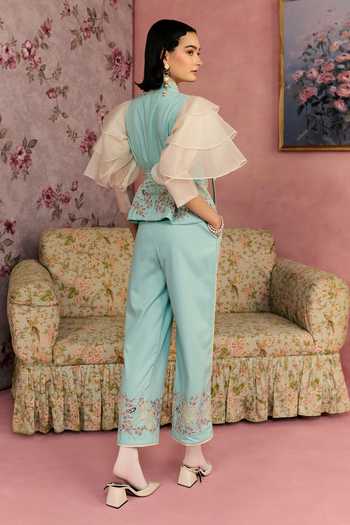 Shop_Surabhi Arya_Blue Cotton, Twill Collared Neck Floral Work Waistcoat And Pant Set _at_Aza_Fashions