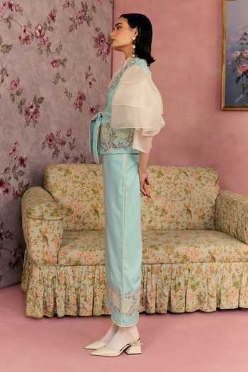 Shop_Surabhi Arya_Blue Cotton, Twill Collared Neck Floral Work Waistcoat And Pant Set _Online_at_Aza_Fashions