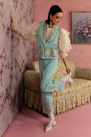 Surabhi Arya_Blue Cotton, Twill Collared Neck Floral Work Waistcoat And Pant Set _at_Aza_Fashions