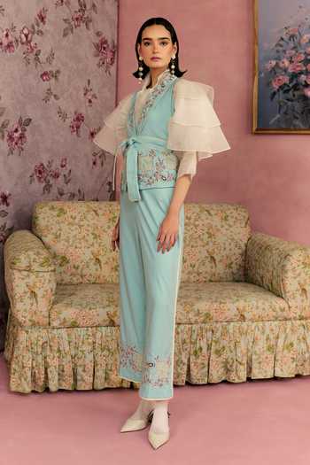 Buy_Surabhi Arya_Blue Cotton, Twill Collared Neck Floral Work Waistcoat And Pant Set 