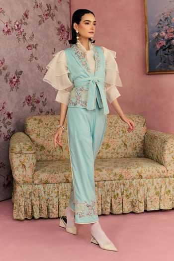Shop_Surabhi Arya_Blue Cotton, Twill Collared Neck Floral Work Waistcoat And Pant Set 
